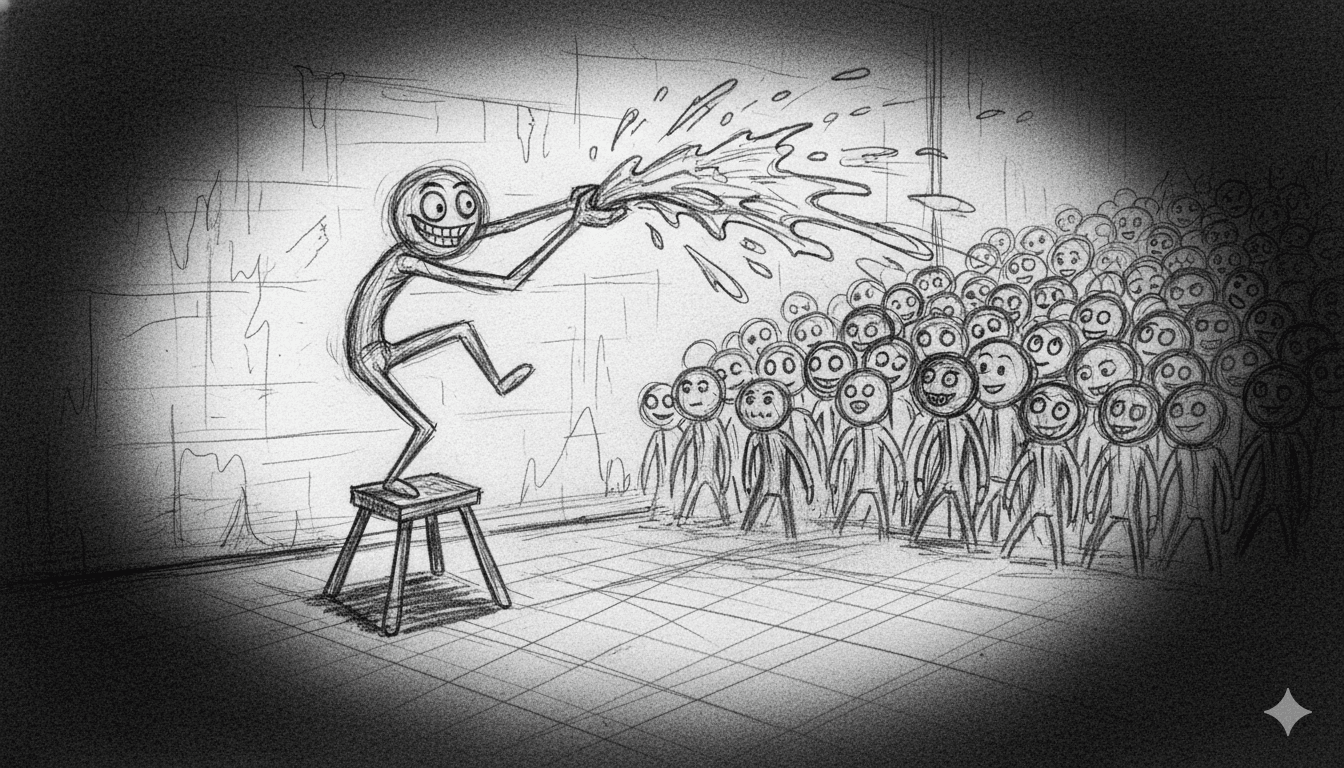 A maniac throwing slop on a crowd