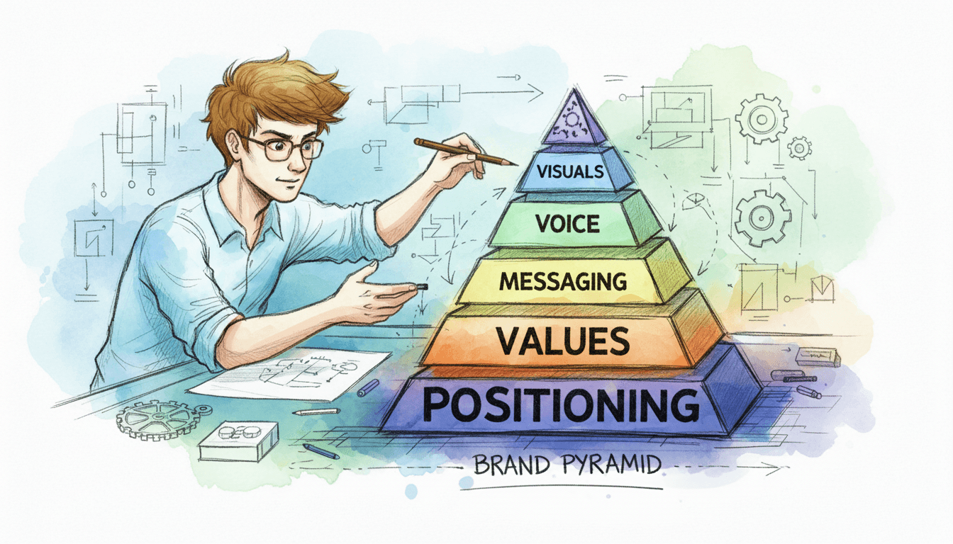 Drawing of a Founder building a 5 layer brand pyramid