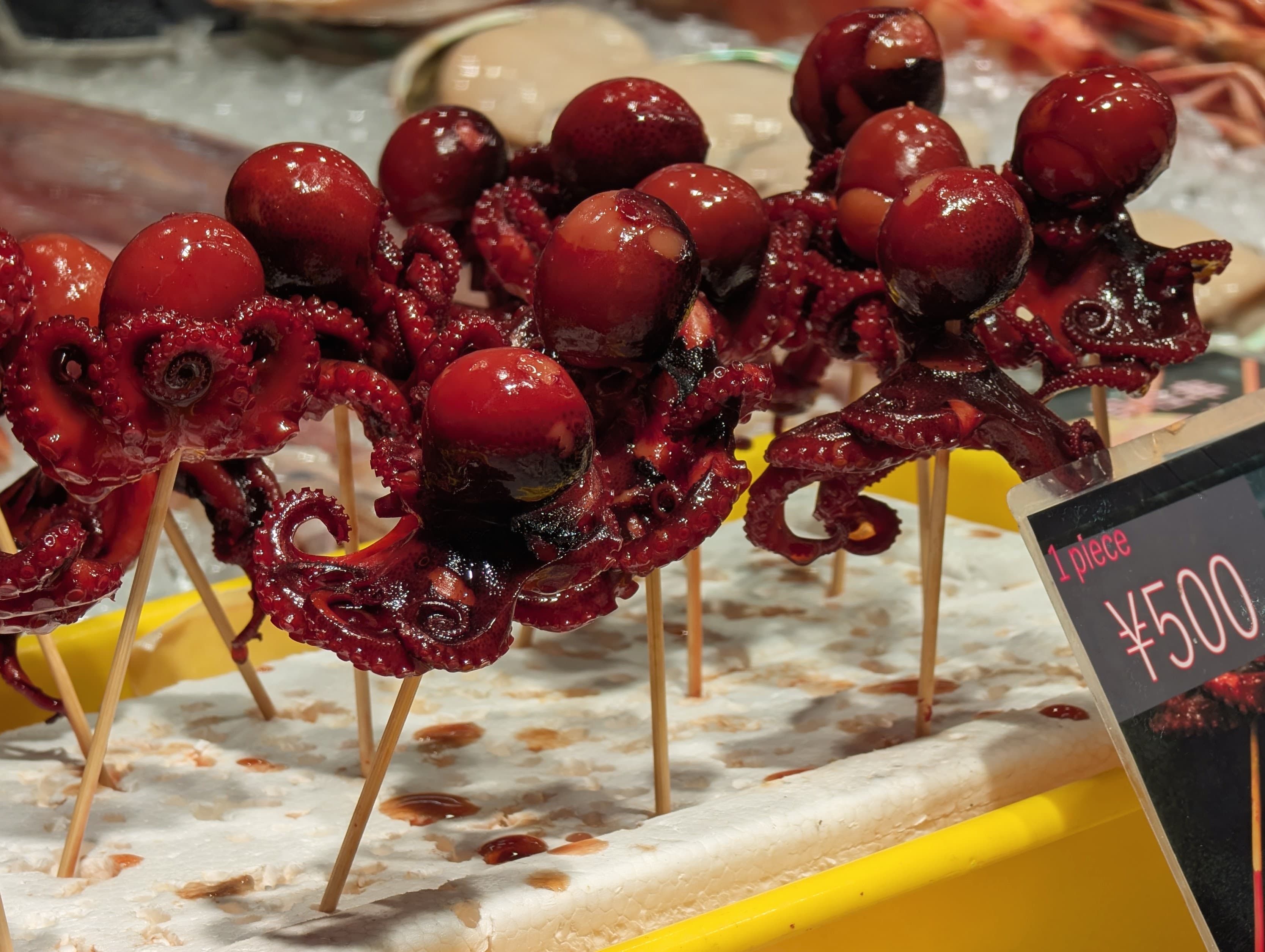 Octopus skewers at a food stall in Osaka.