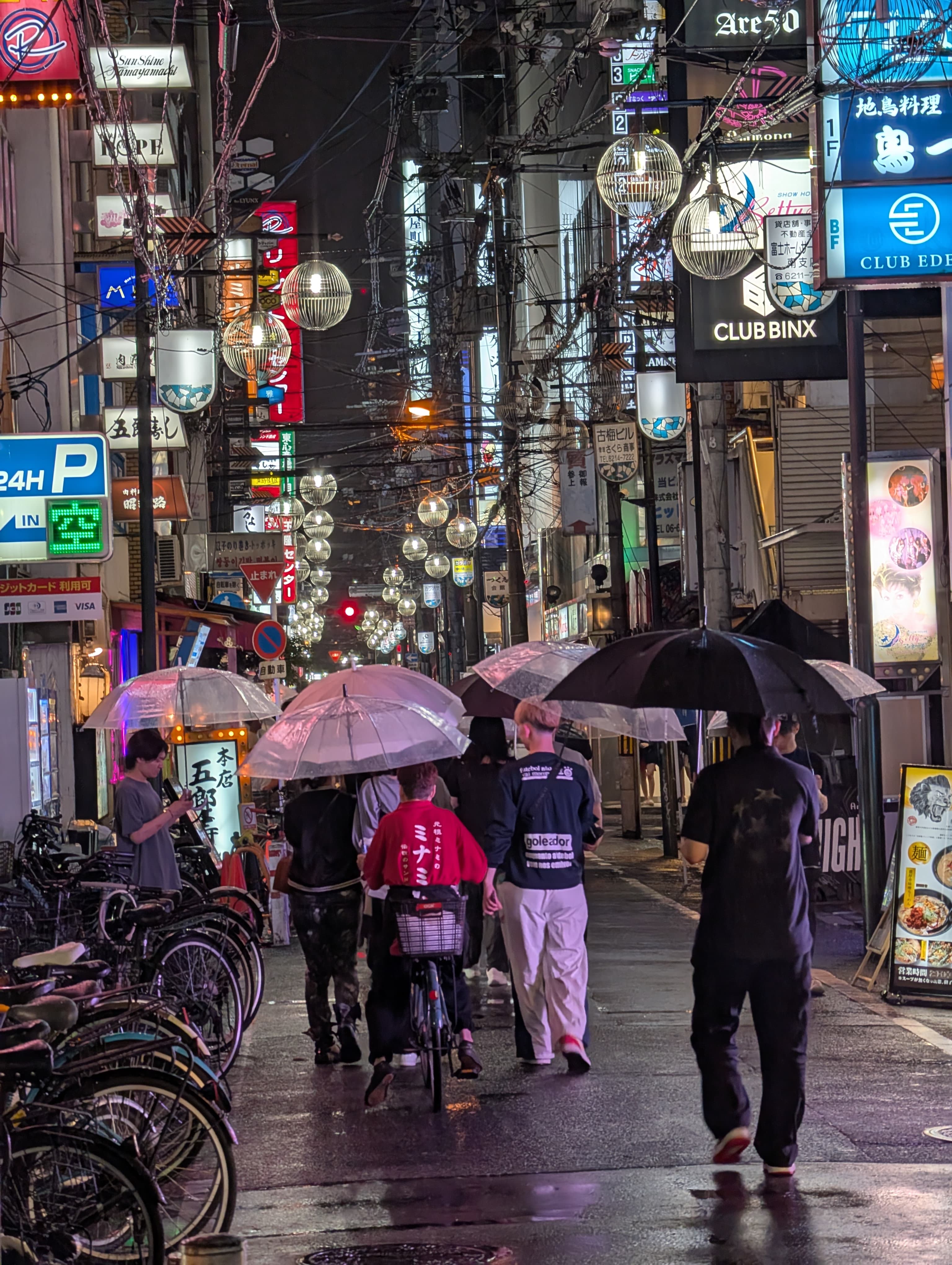 Umbrellas and illuminated signs on a rainy Osaka street.
