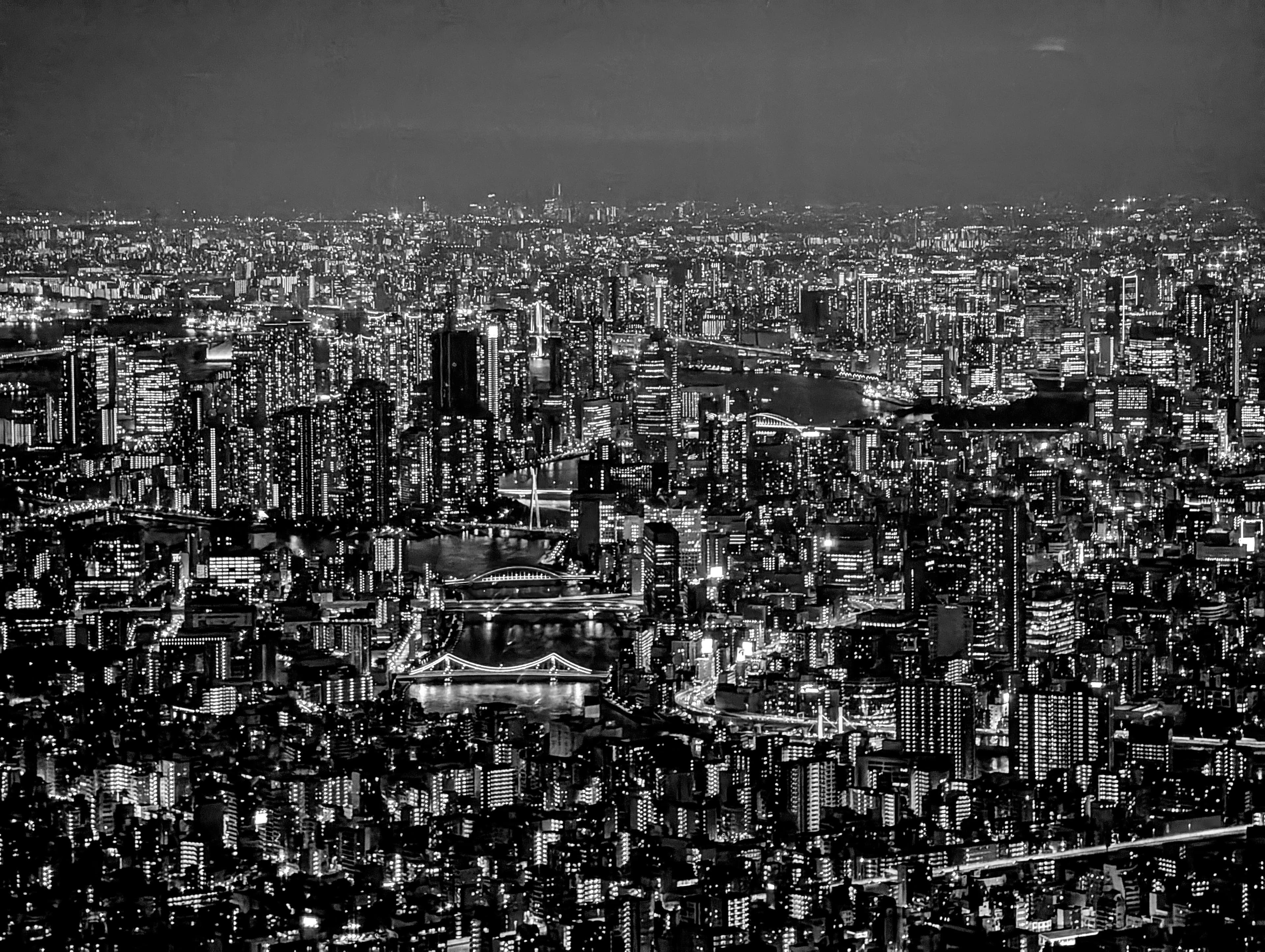 Tokyo’s city lights in black and white.