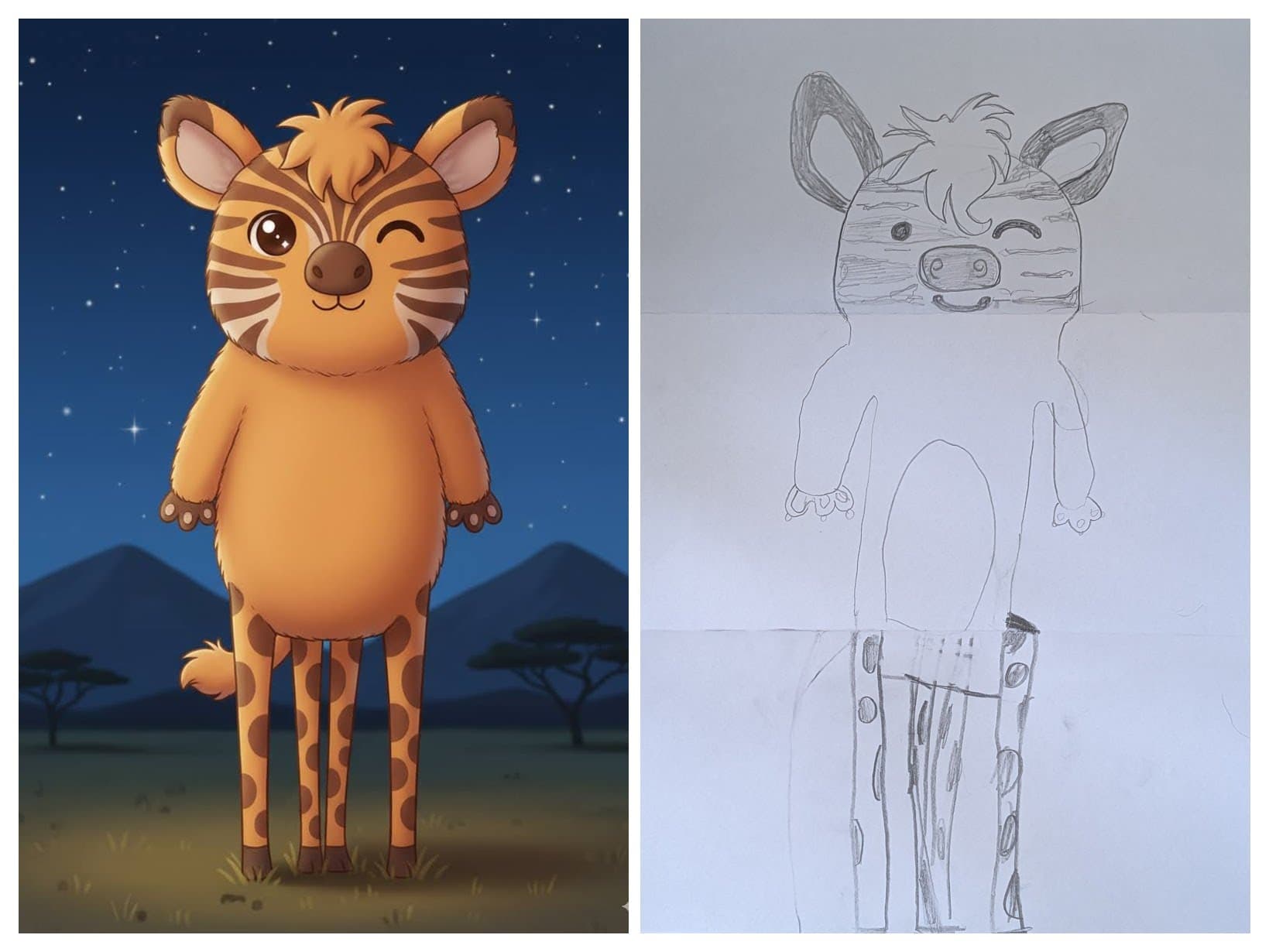 Side-by-side of Sketch and Nano-banana rendering of Giraffe-Bear