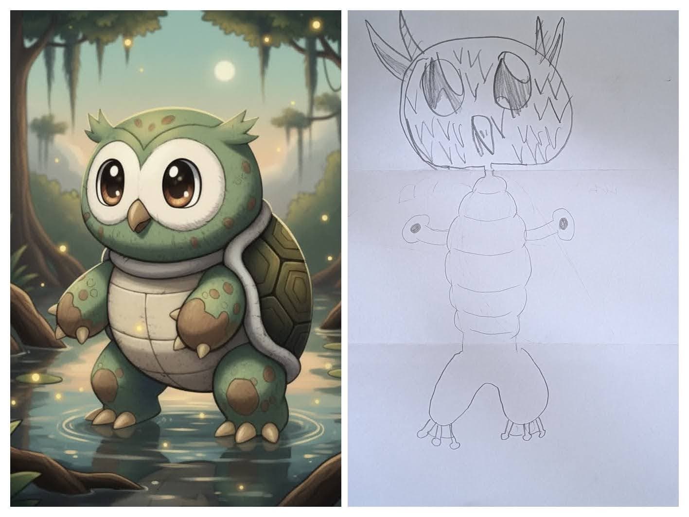 Side-by-side of Sketch and Nano-banana rendering of Owl-Turtle
